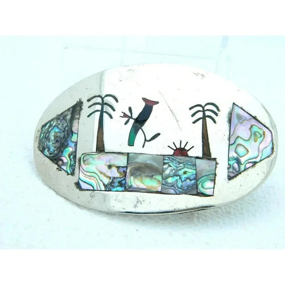 VTG Mid Century Mother of Pearl Abalone Enamel Southwestern Belt Buckle